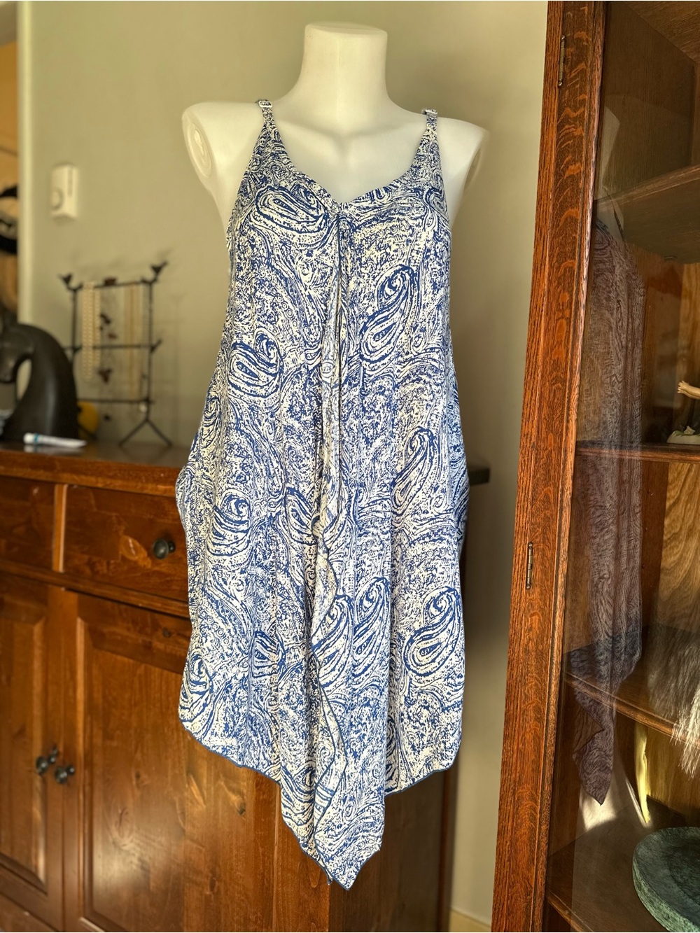 100% Cotton Paisley Handkerchief Hem Dress Blue White